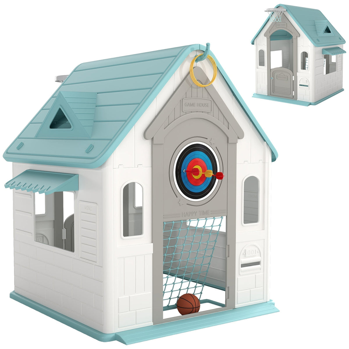 AIYAPLAY 5-in-1 Playhouse for Kids Outdoor Indoor with Basketball Hoop, Football Goal, Dartboard, Ring Toss for 2-5 Years, Beige