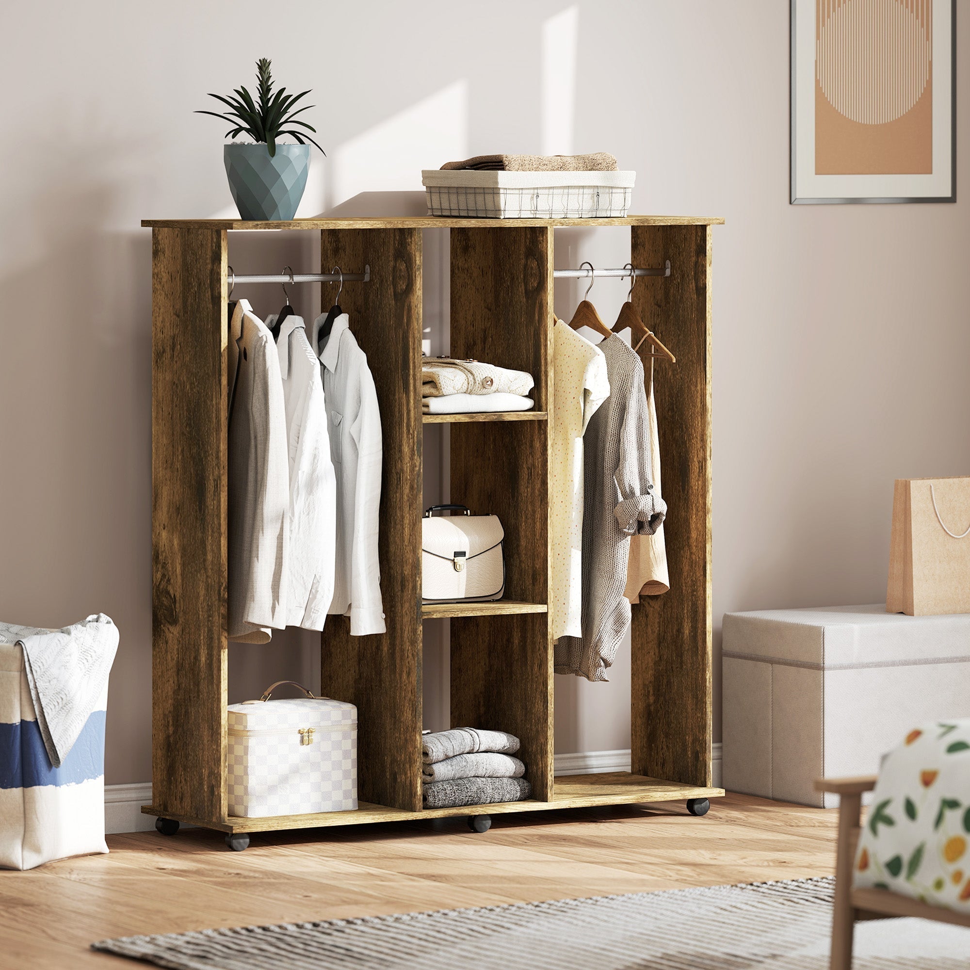 HOMCOM Open Wardrobe Double Mobile Storage Shelves Organizer W/6 Wheels-Rustic Brown