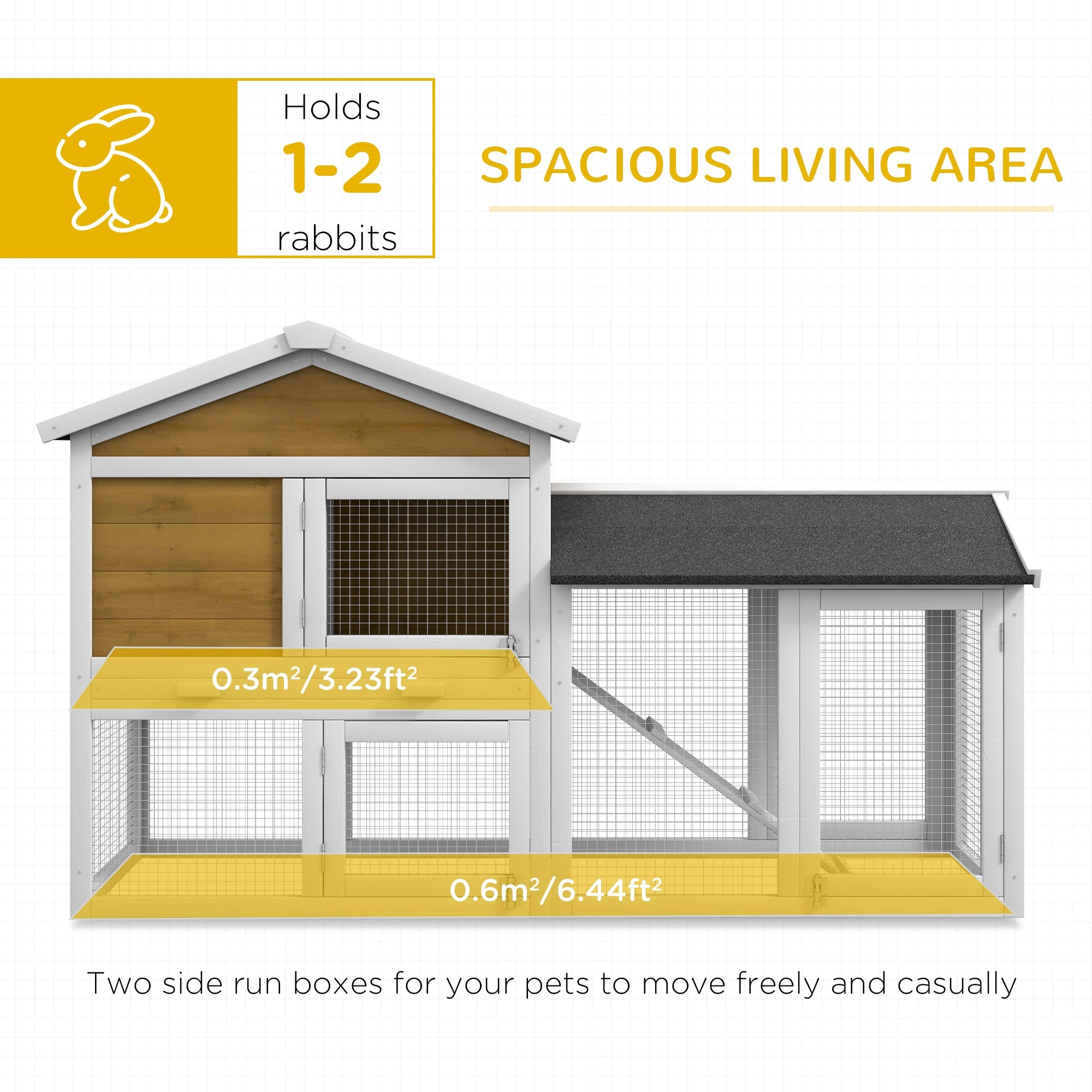 PawHut Wooden Rabbit Hutch Outdoor, Double Tier with Water-Resistant Roof, Ramp 147 x 54 x 84 cm, Yellow