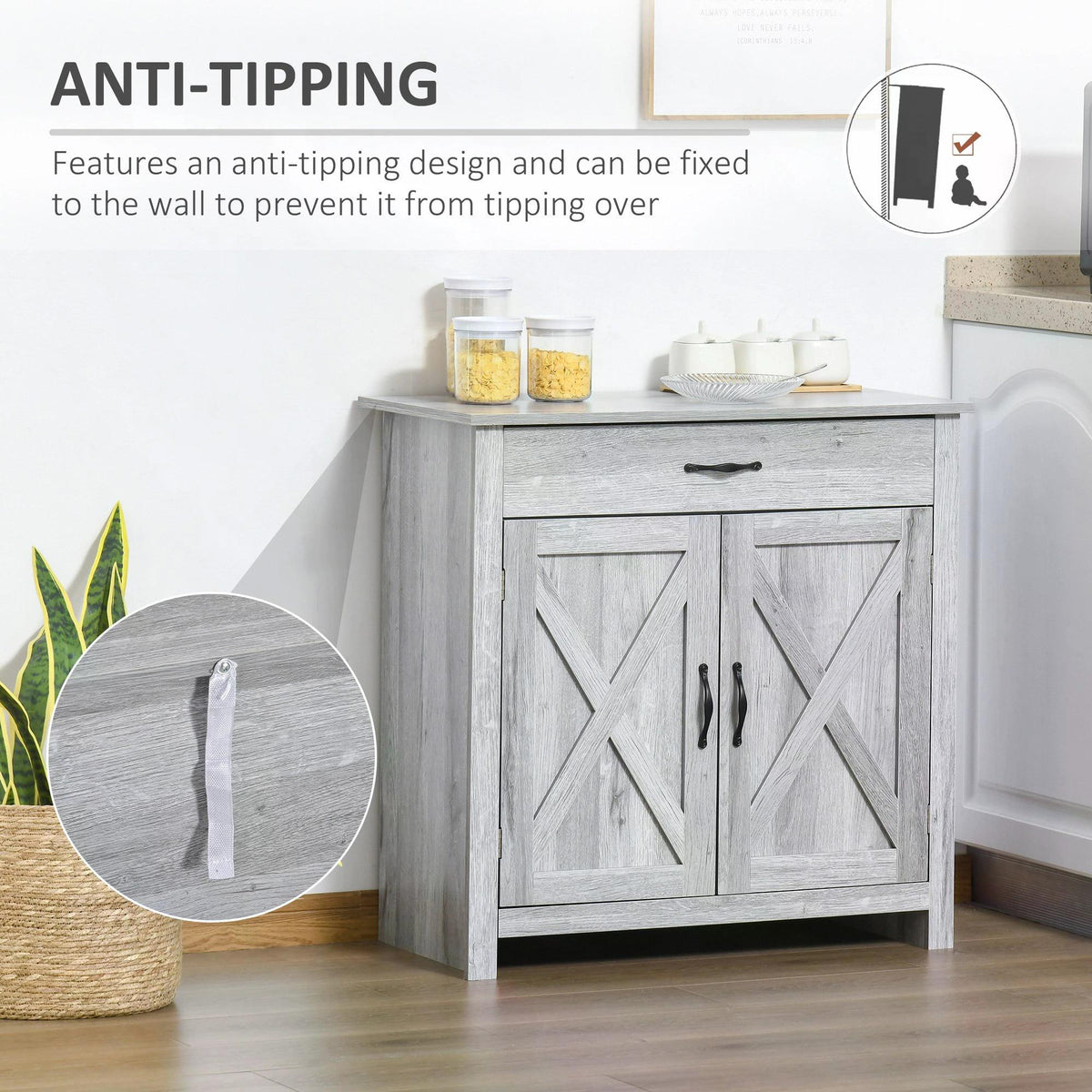 HOMCOM Farmhouse Barn Door Sideboard Storage Cabinet Coffee Bar for LIVING Room - Grey Grain