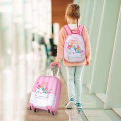 The kids luggage being pulled by a young girl walking through an airport terminal