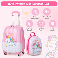 The kids luggage displayed with icons highlighting the lightweight and quiet design