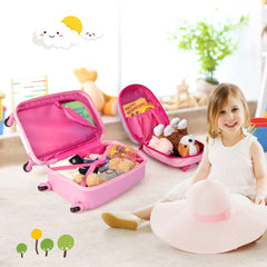 The kids luggage shown open with toys and books packed inside on a floor