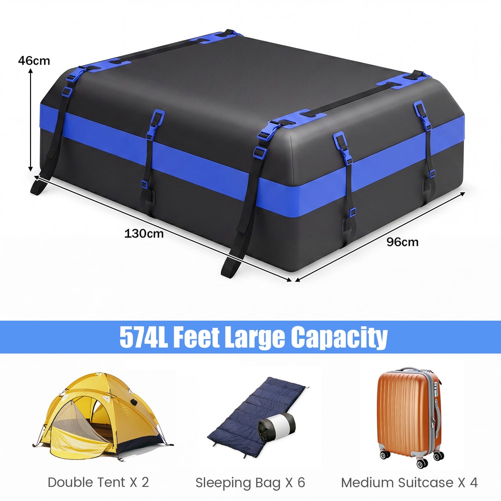 A diagram showing the capacity of the rooftop cargo carrier bag with items it can hold
