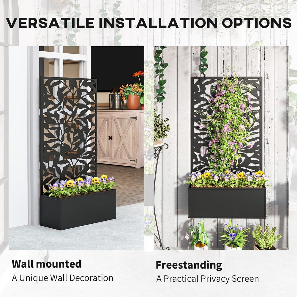 Outsunny Metal Garden Bed with Trellis, Wall Mounted or Freestanding Raised Planter with Privacy Panel, Black - product image