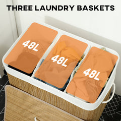 HOMCOM 3 Section Laundry Basket with Lid, 144L Bamboo Laundry Hamper with Handles, Removable and Washable Liner, Brown