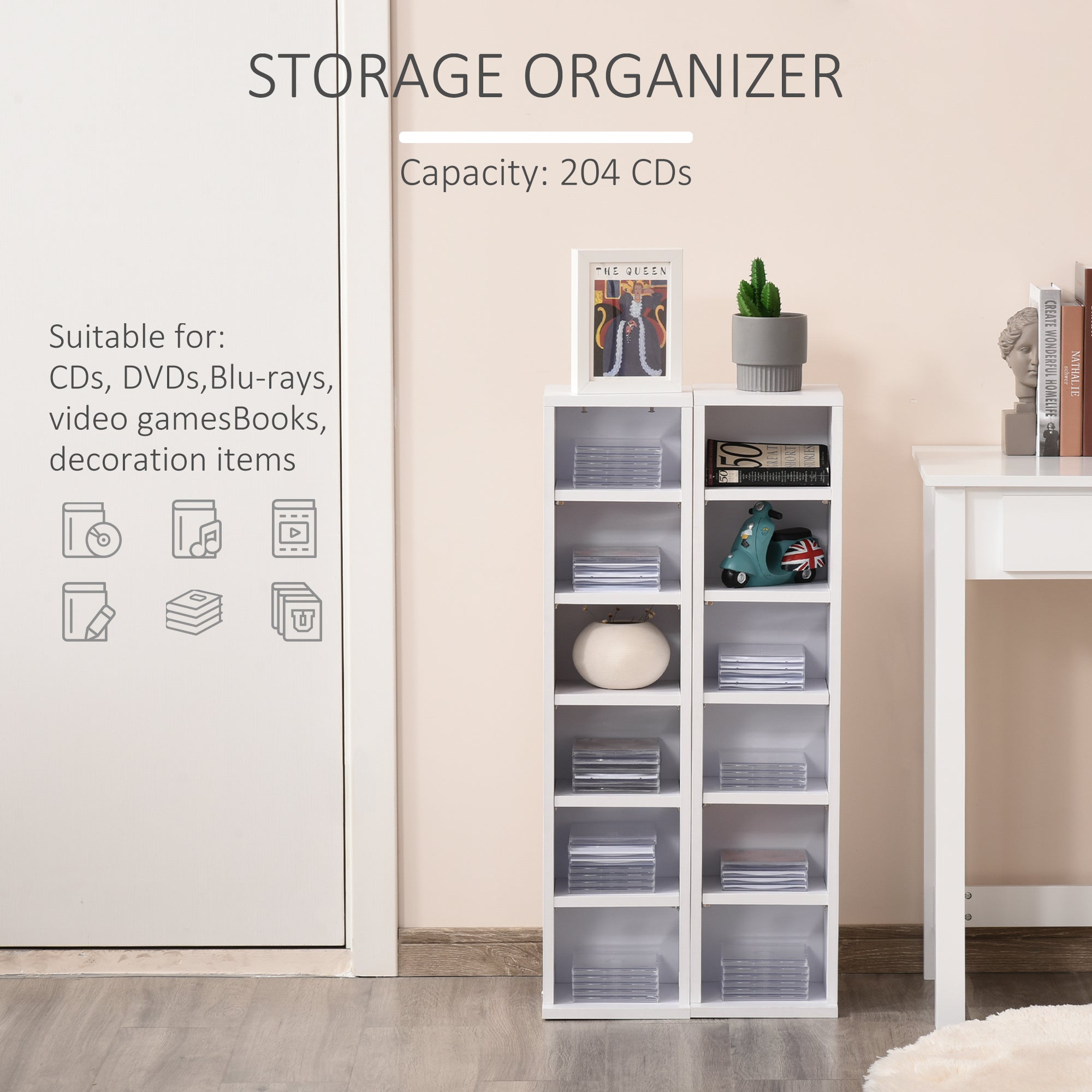 HOMCOM 204 CD Media Display Shelf Unit Set of 2 Blu-Ray Tower Rack w/ Adjustable Shelves Bookcase Storage Organiser, White