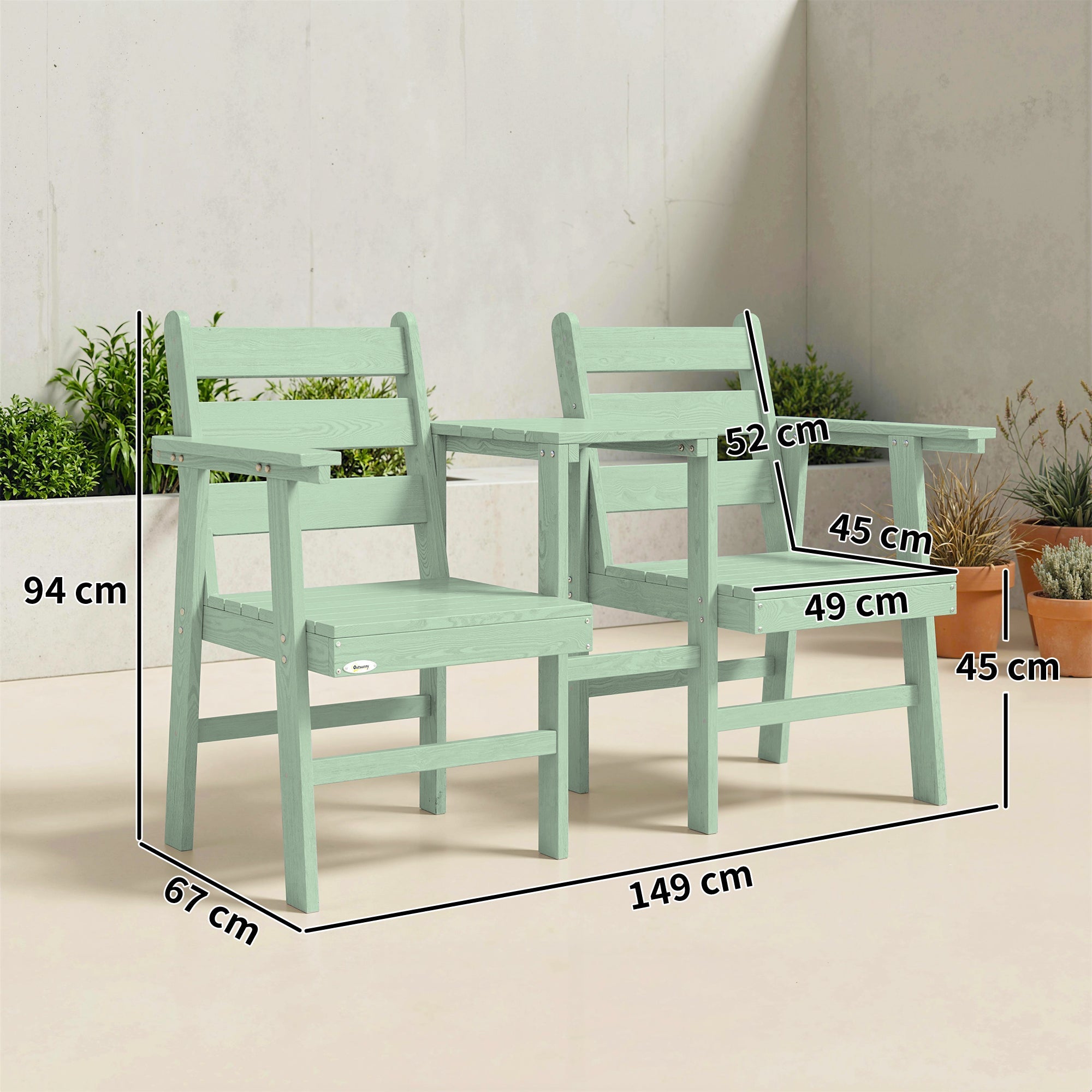 Outsunny Outdoor Garden Loveseat, Embossed Wooden Jack and Jill Garden Seat with Integrated Table, Green