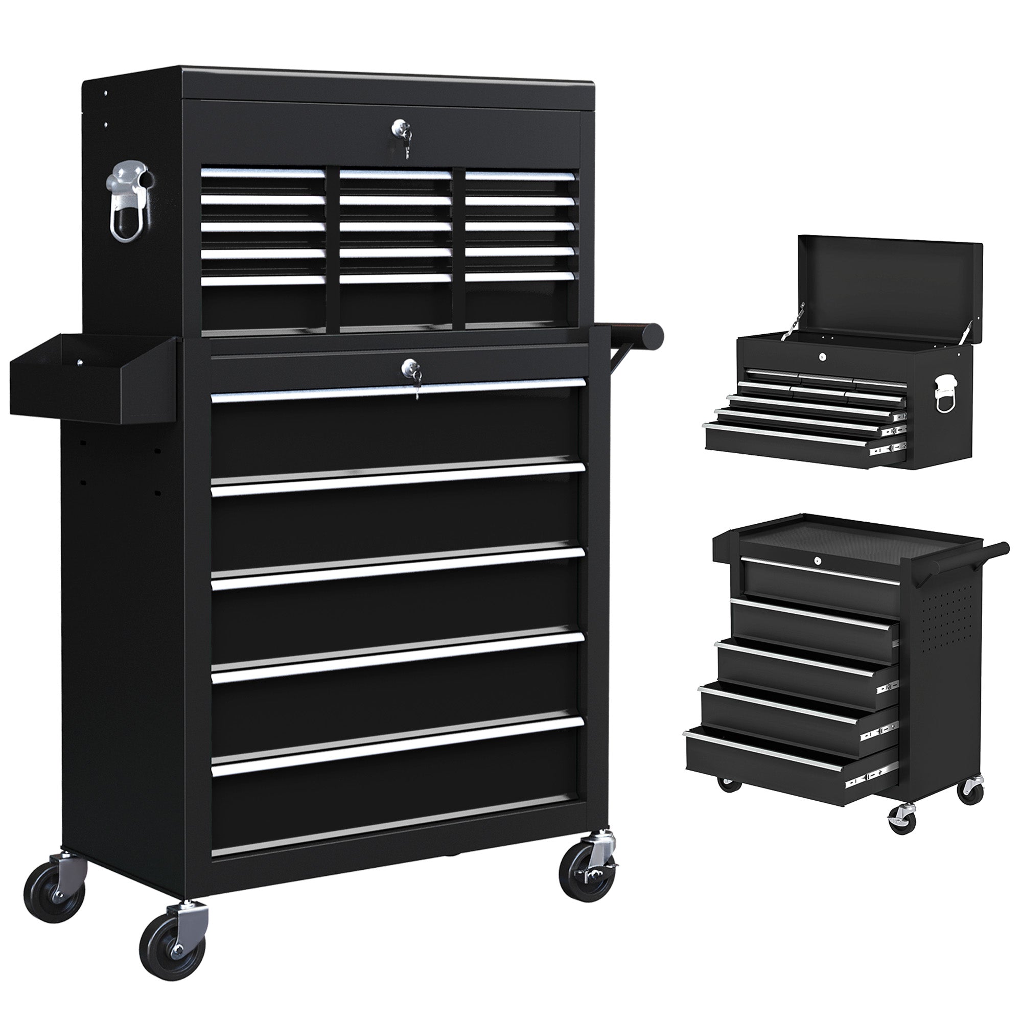 HOMCOM 14 Drawer, Two-Part Tool Storage Chest on Wheels - Black