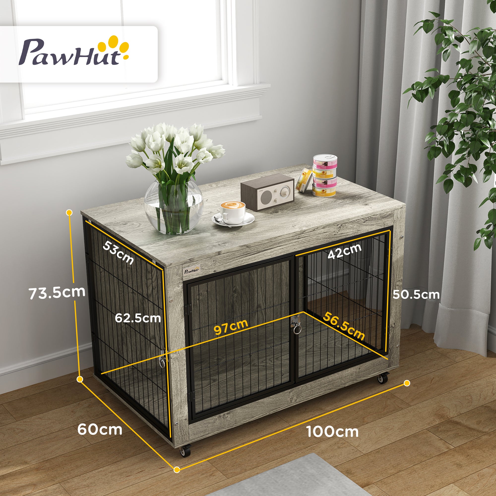 PawHut Dog Crate Furniture with Wheels, Double Doors, for Large Dogs, Grey