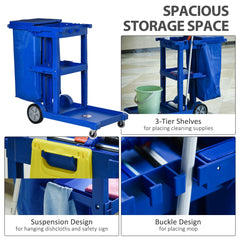 HOMCOM Janitor Cleaning Trolley, with Bin, Shelves and Hooks - Blue