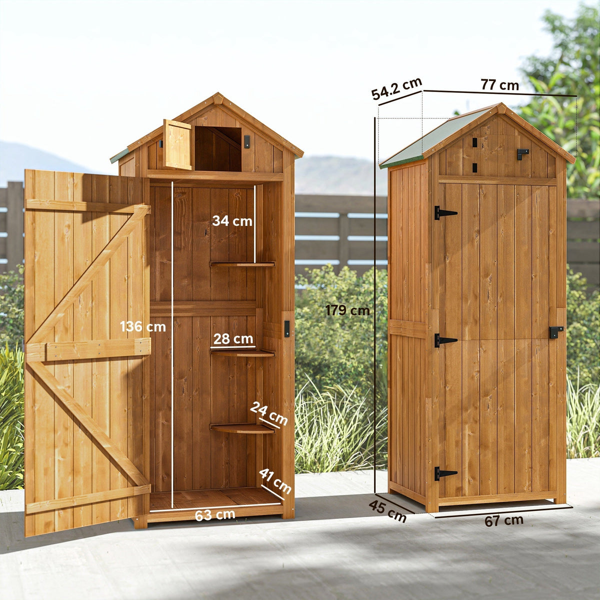 Outsunny Garden Shed Wood Outdoor Garden Tool Storage Unit with 3 Detachable Shelves, 77 x 54.2 x 179cm, Brown