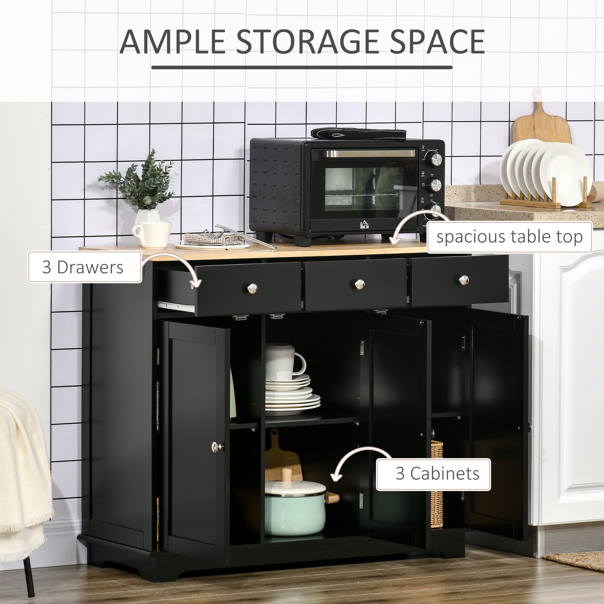 HOMCOM Sideboard with Rubberwood Top and Adjustable Shelves for Dining Room, Kitchen - Black