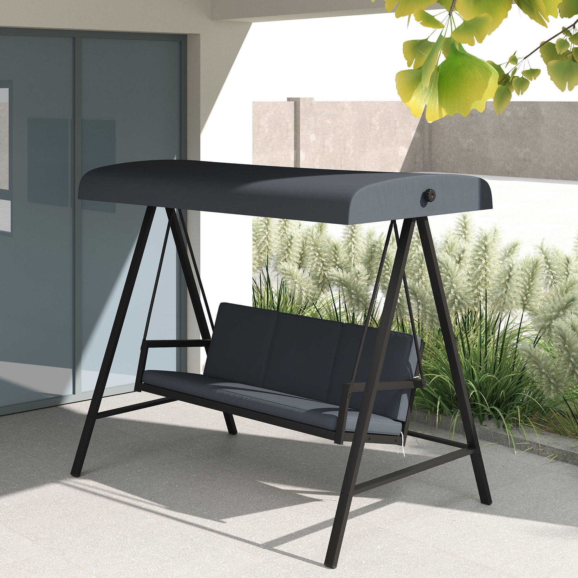 Outsunny Three-Seat Garden Swing Chair, with Adjustable Canopy - Dark Grey