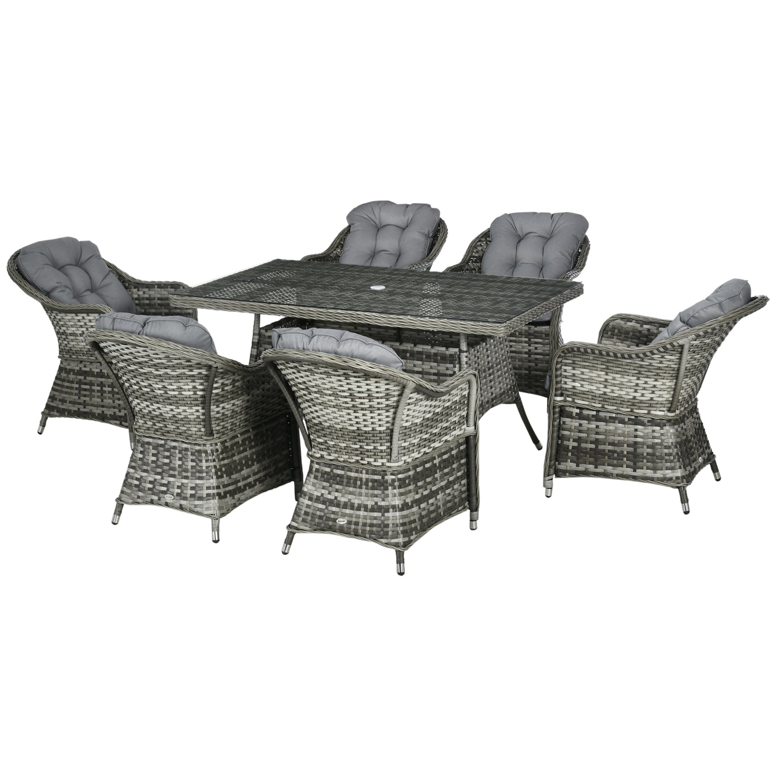 Outsunny Seven-Piece Rattan Dining Set with Tempered Glass Table Top and Parasol Hole - Grey