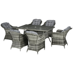 Outsunny Seven-Piece Rattan Dining Set with Tempered Glass Table Top and Parasol Hole - Grey