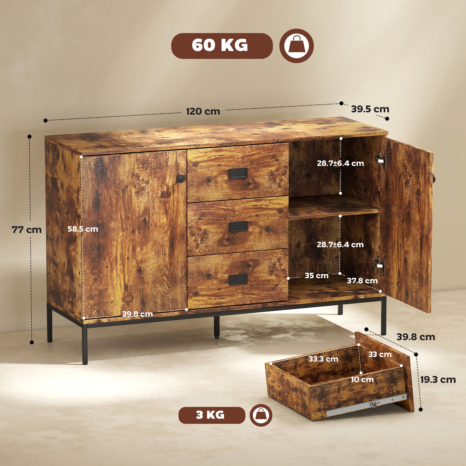 HOMCOM Modern Rustic Brown Sideboard