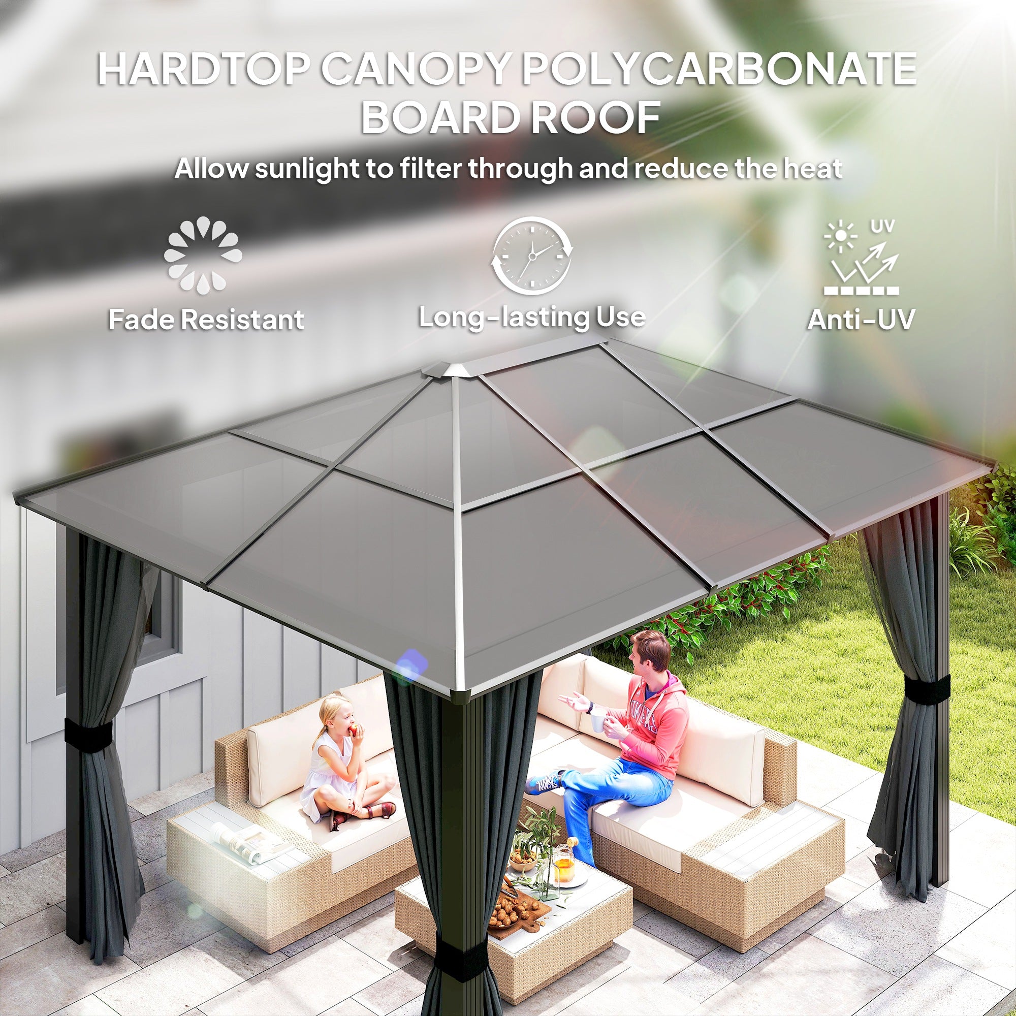 Outsunny 3 x 3.6m Hardtop Gazebo Canopy with Polycarbonate Roof, Aluminium Frame, Permanent Pavilion Garden Gazebo with Netting and Curtains for Patio, Deck, Dark Grey
