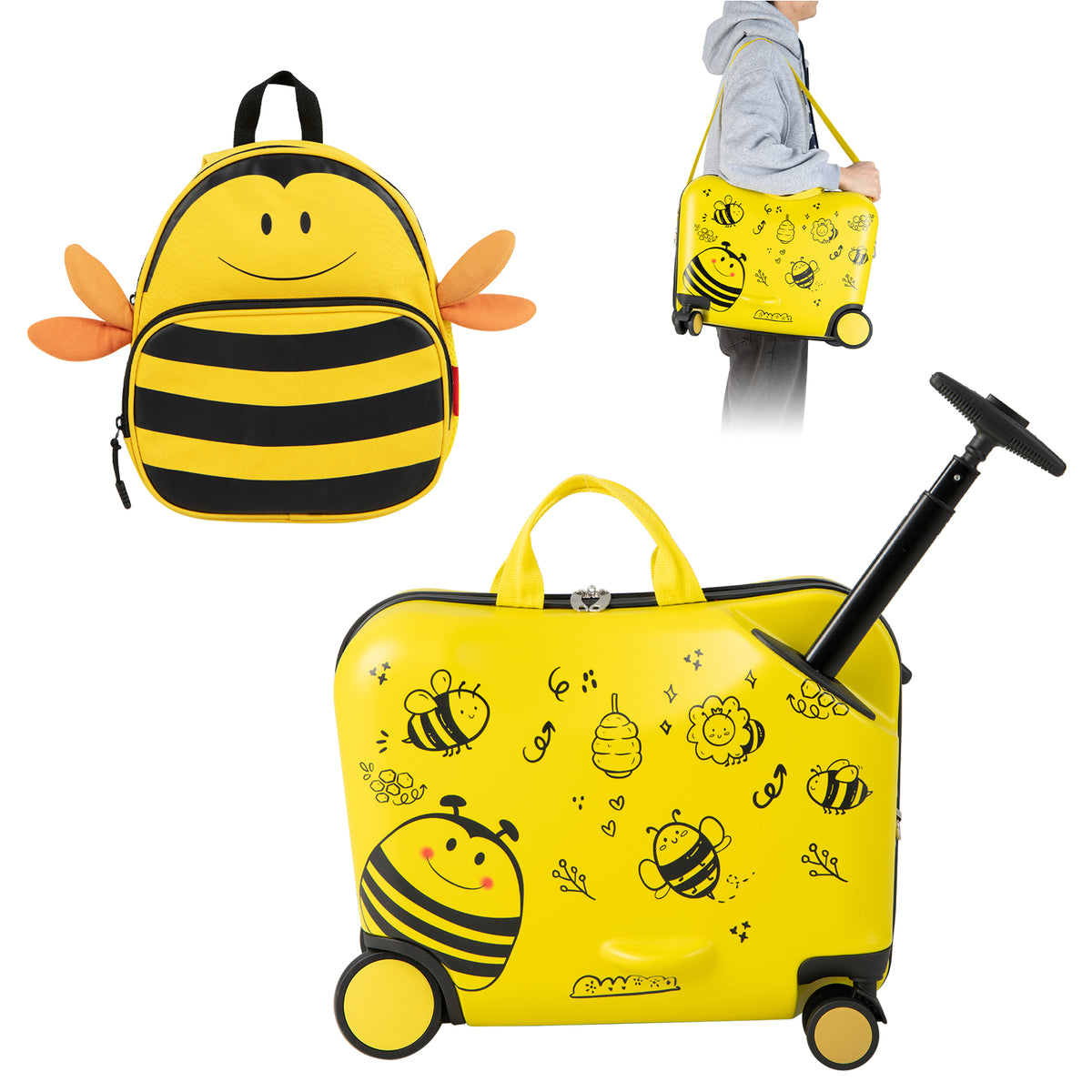 Yellow kids luggage set with a bee design, showing the backpack worn and the suitcase pulled