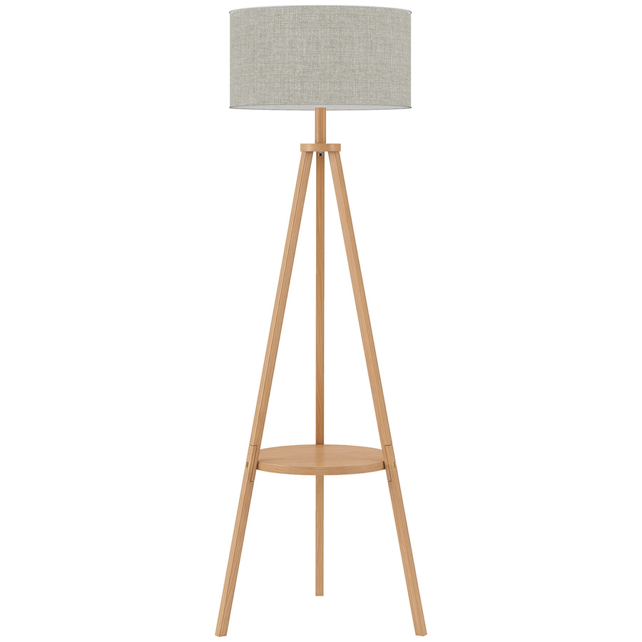HOMCOM Bedside Light, Tripod Floor Lamp with Storage Shelf and Linen Shade for Living Room, 160cm, Natural Wood Colour