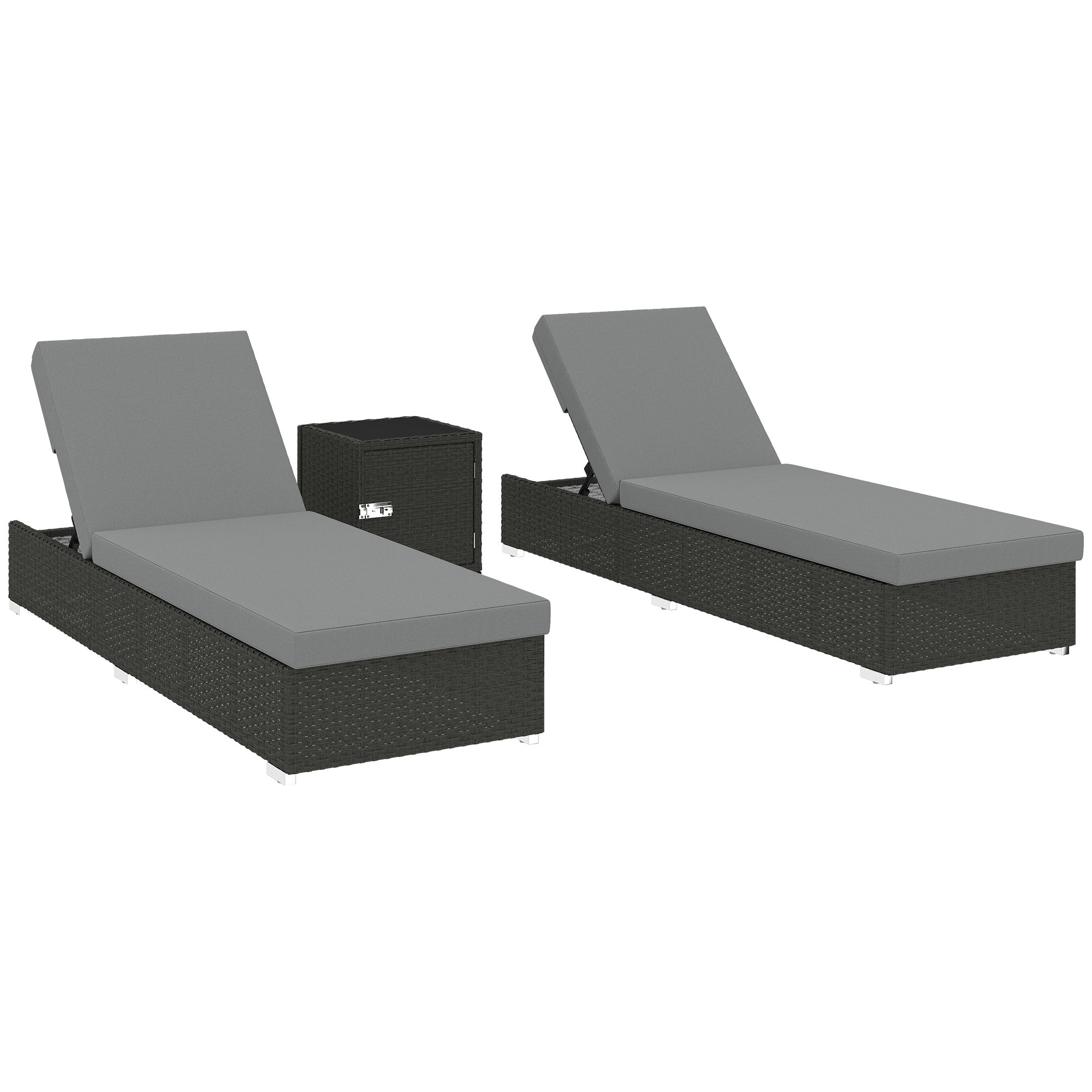 Outsunny Rattan Sun Loungers Set of 2 with Side Table, Garden Recliner Sunbeds with Adjustable Back, Cushions, Dark Grey