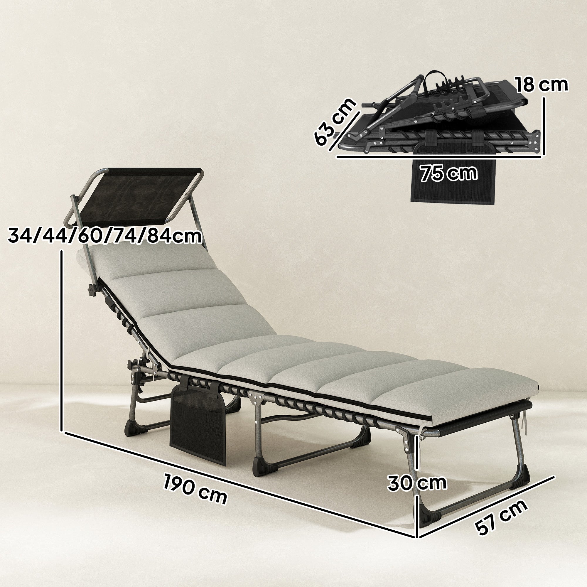 Outsunny Folding Sun Lounger with Canopy, Reclining Sunbed with Cushion, Side Pocket, Carrying Handle, Light Grey