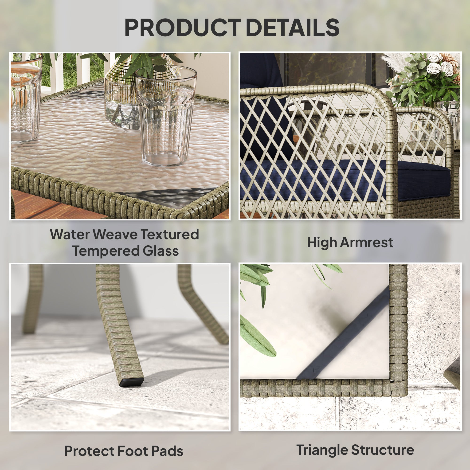 Outsunny 3 Pieces Rattan Bistro Set with Glass Top Coffee Table, Chairs and Cushions for Outdoor, Patio, Balcony, Charcoal Grey