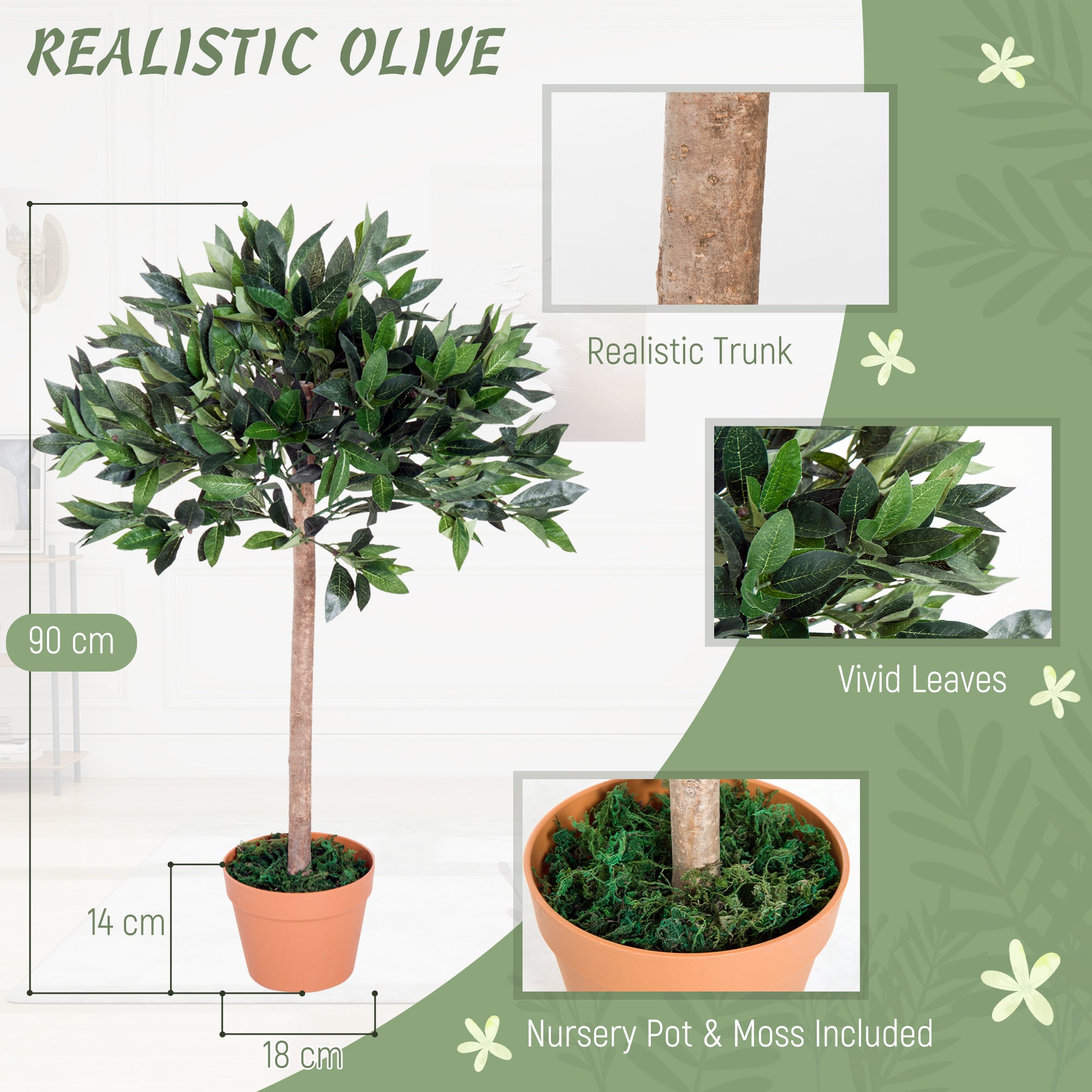 Outsunny 3ft Artificial Olive Tree Indoor Plant Greenery for Home Office Potted in An Orange Pot
