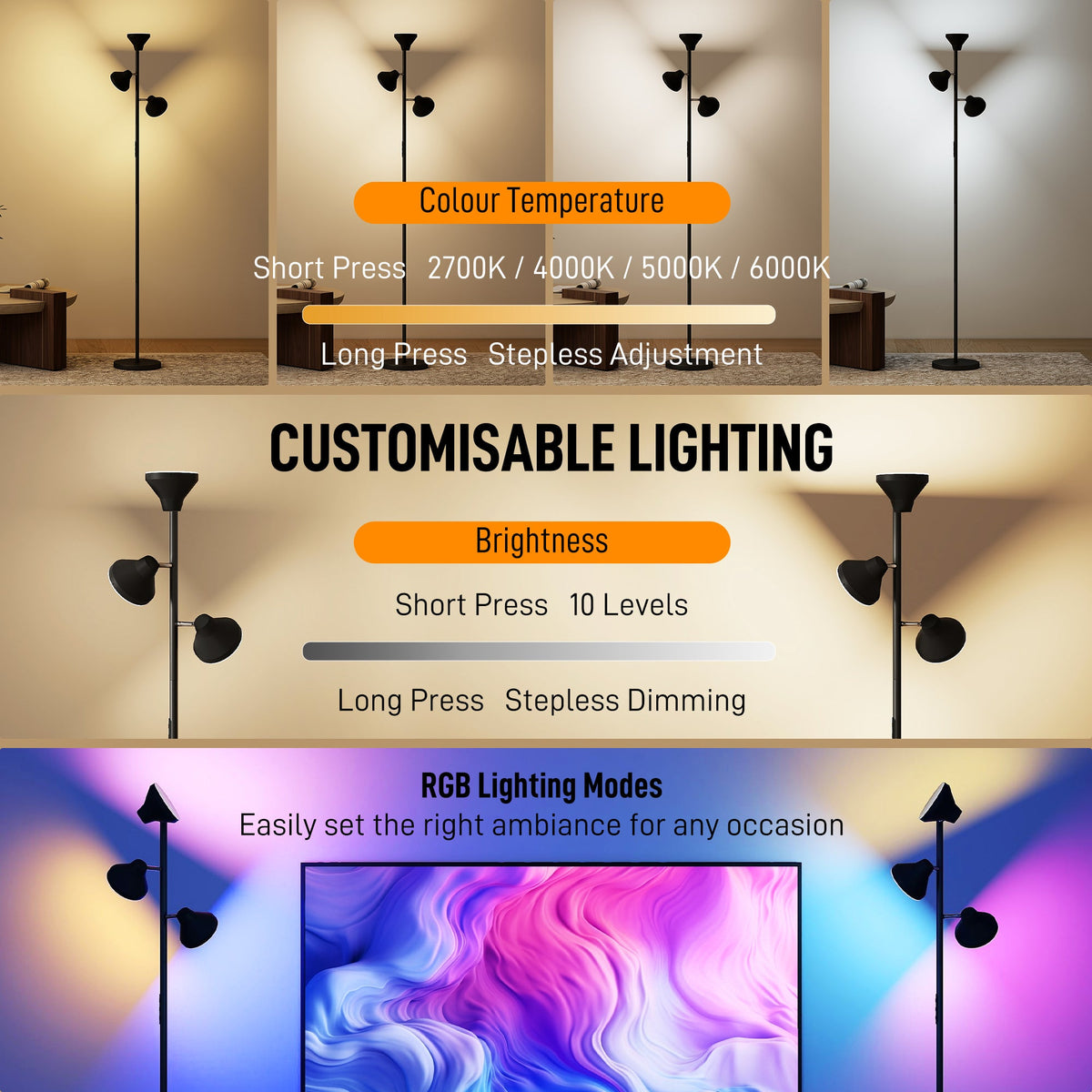 HOMCOM Three-Lamp Multi-Adjustable Floor Light - Black