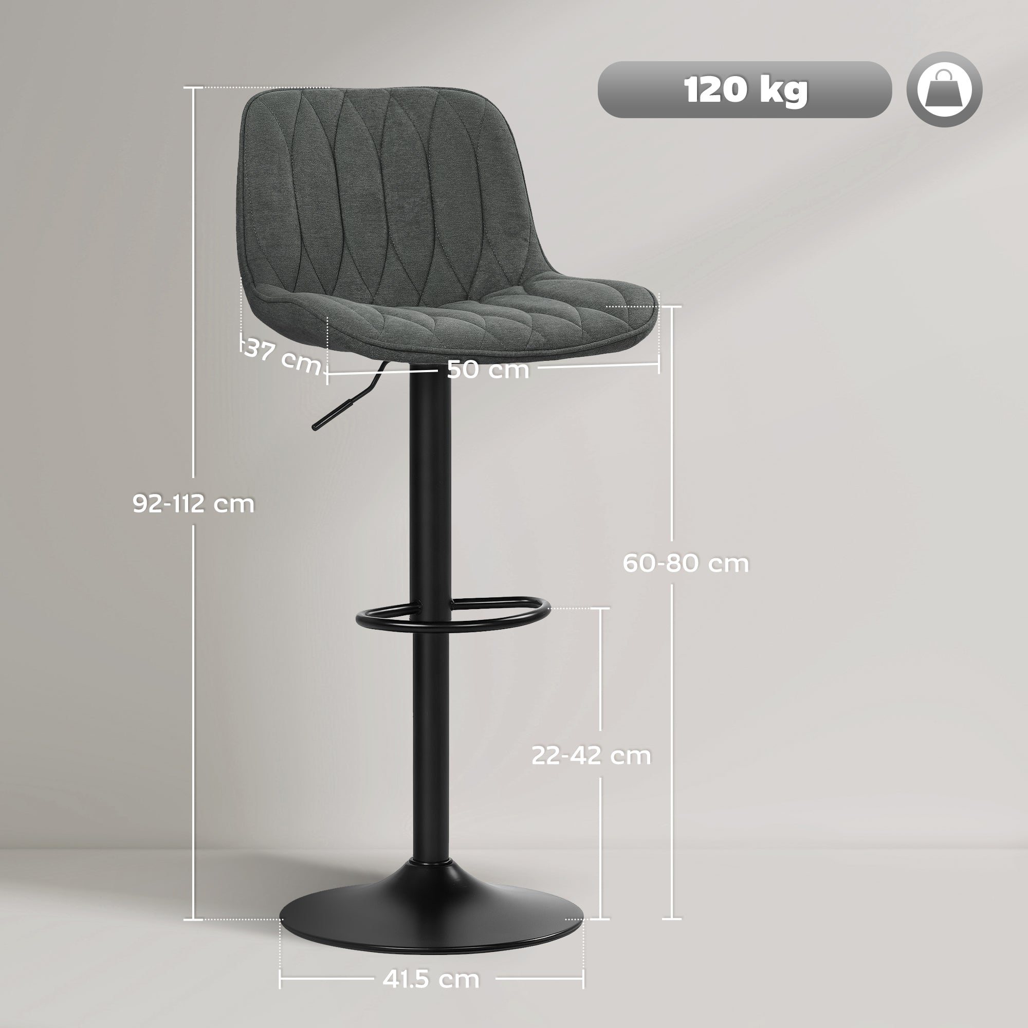 HOMCOM Set of Two Linen-Look Bar Stools - Charcoal Grey