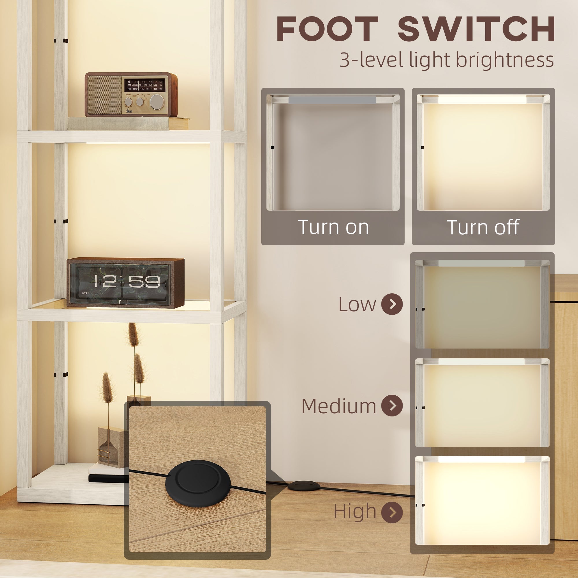 HOMCOM LED Floor Lamp with Glass Shelves, 4 Layers Dimmable Tall Standing Lamp, Modern Column Shelf Floor Light for Living Room, Bedroom, Office, Oak