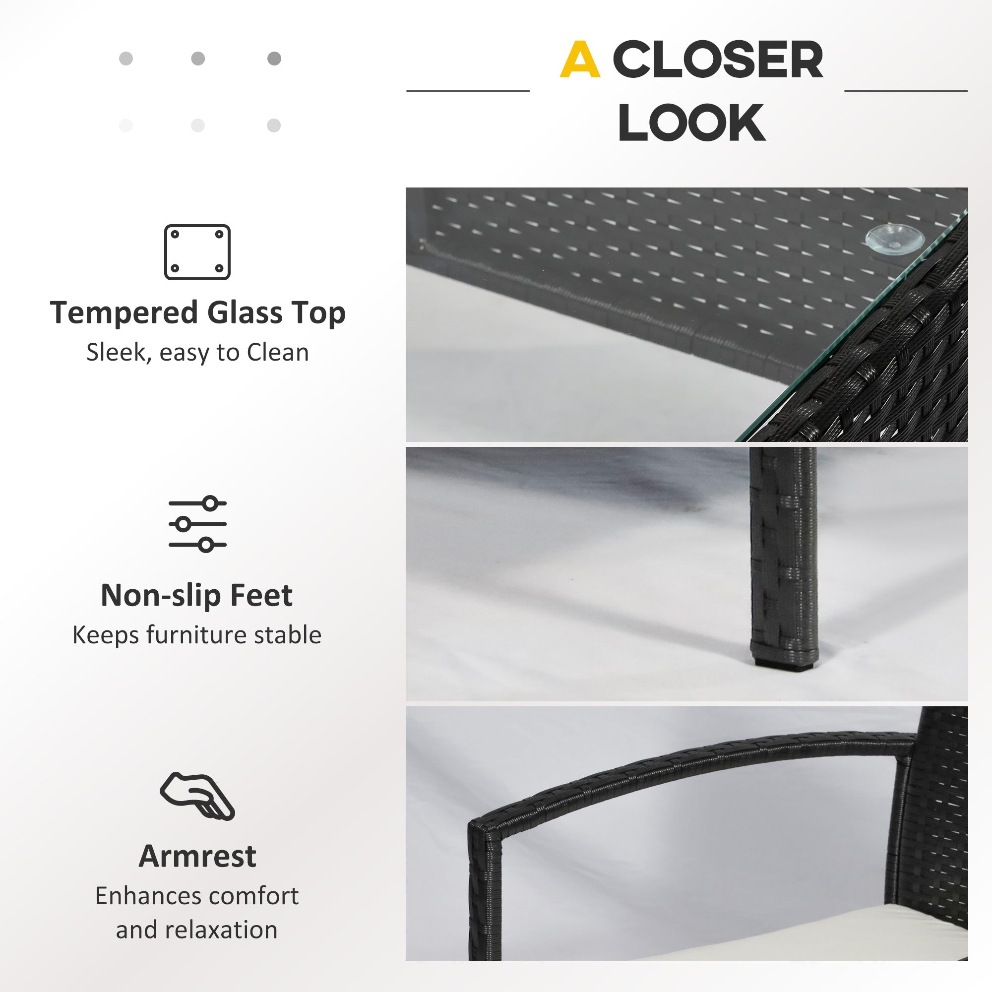 Outsunny 4 Pieces Rattan Garden Furniture Set, 4 Seater Garden Sofa Set with Loveseat, Armchairs and Glass Top Table, Wicker Conservatory Furniture with Cushions for Patio, Balcony, Black