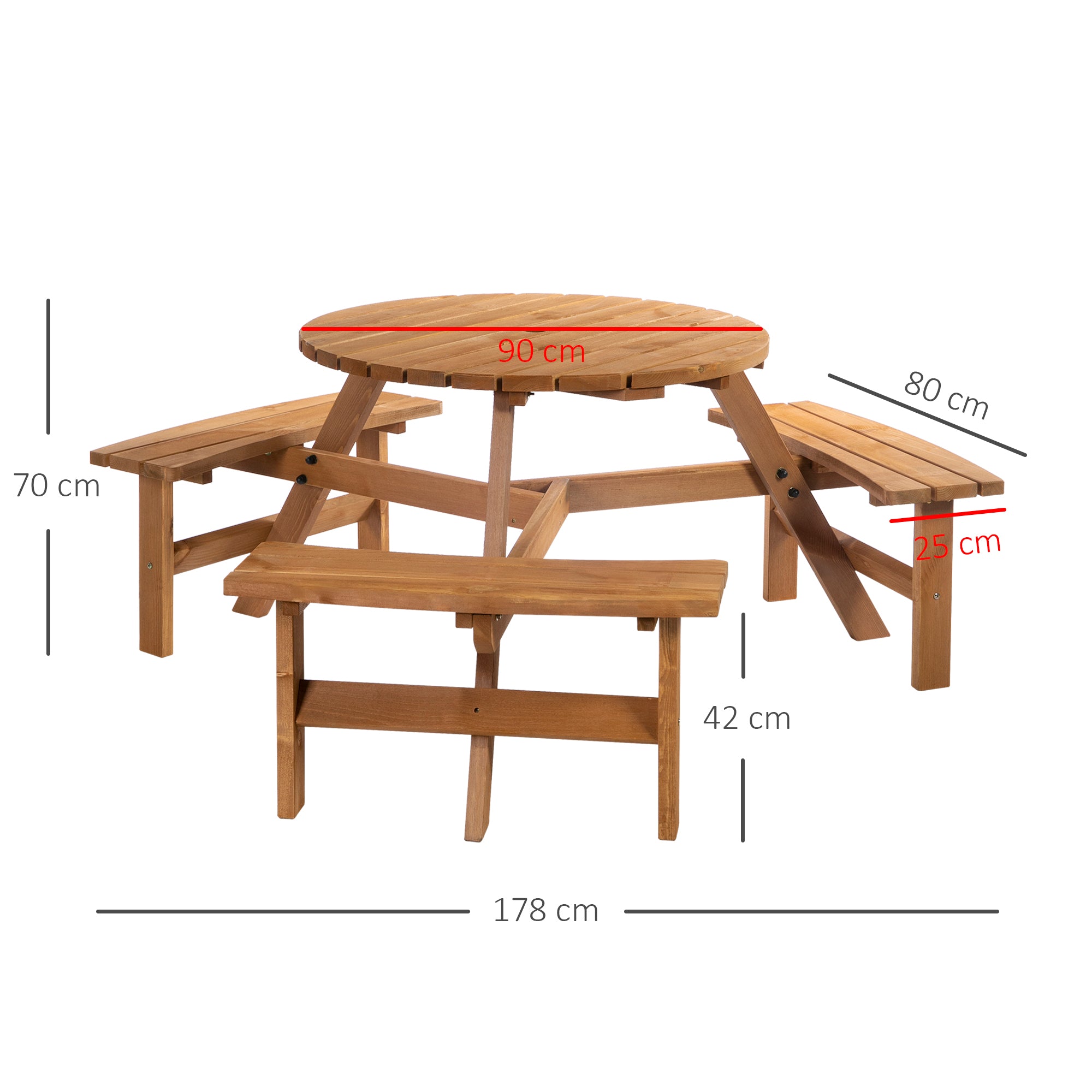 Outsunny 6 Seater Wooden Picnic Table and Garden Benches Set, Round Garden Dining Set with 3 Benches and Umbrella Hole Outdoor Garden Park, Brownish Red