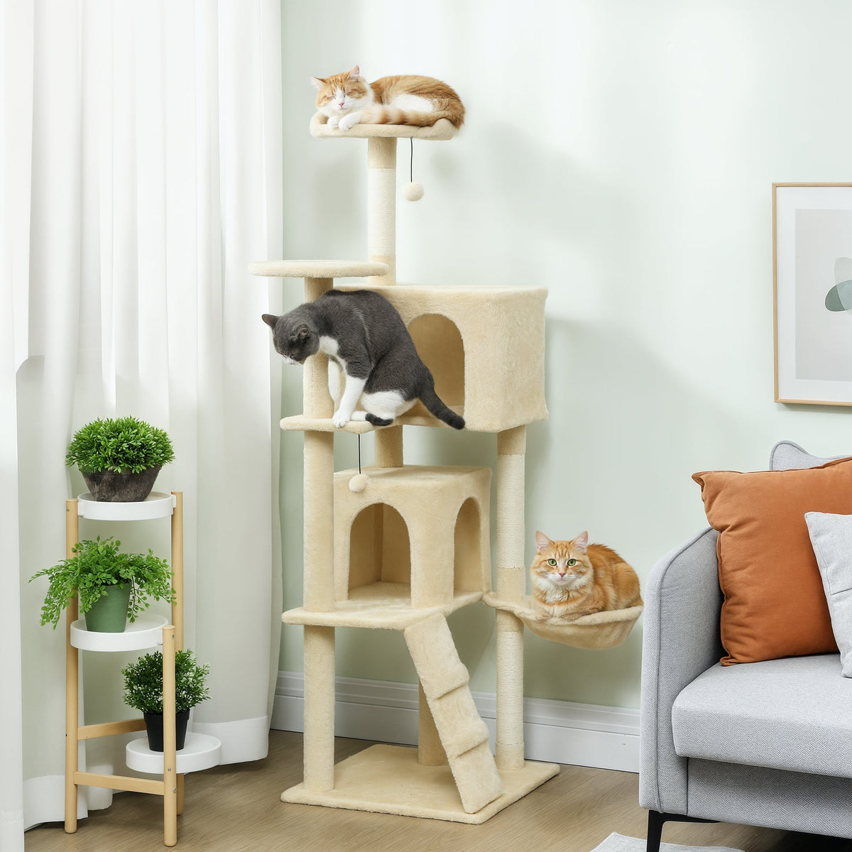 PawHut 160cm Large Cat Tree Tower with Sisal Scratching Posts, Condos, Plush Perches, Hammock, Ladder, Beige