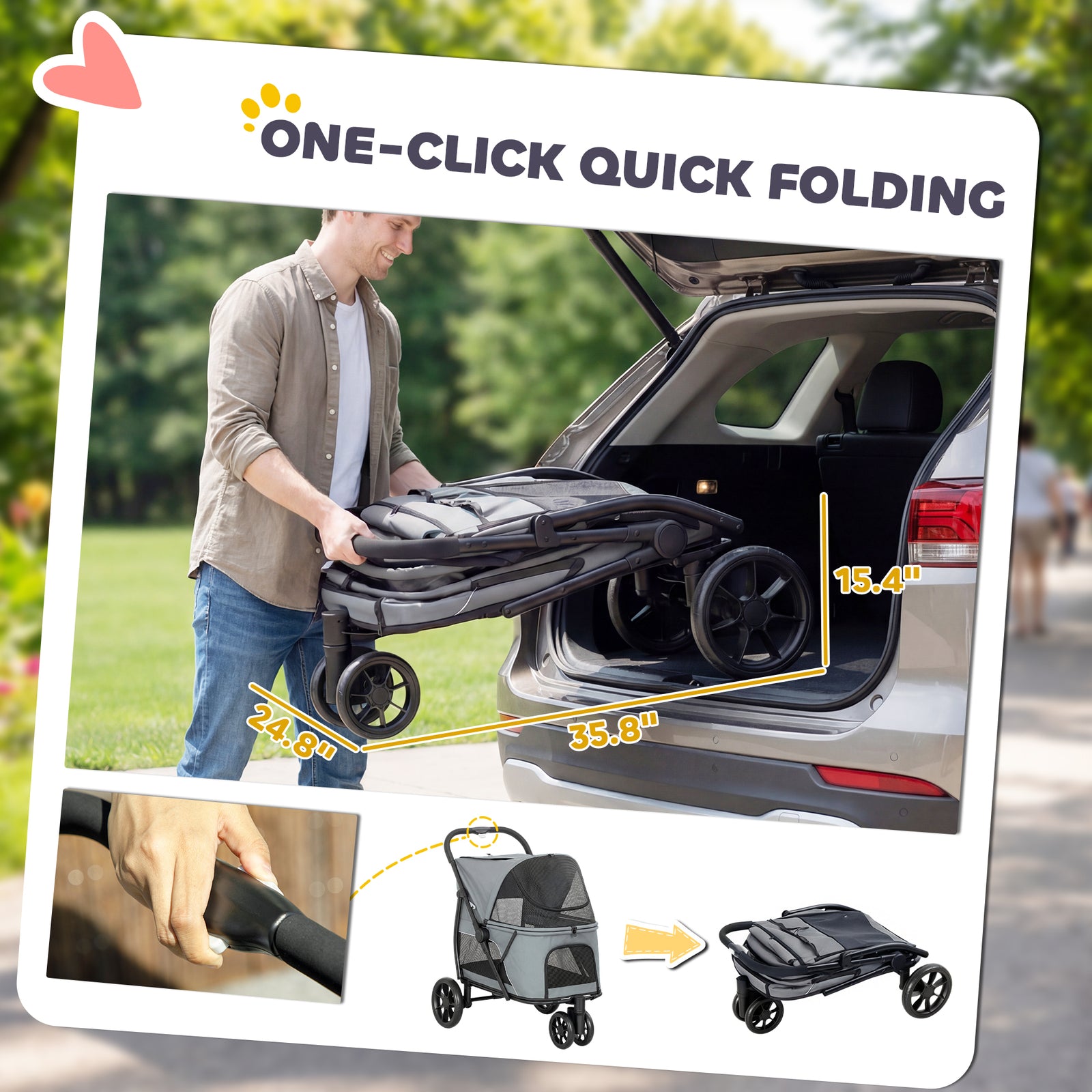 PawHut Dog Stroller, 3 Wheels Pet Stroller with Dual Entry, Easy One-Click Quick Fold, Mesh Windows, Washable Cushion