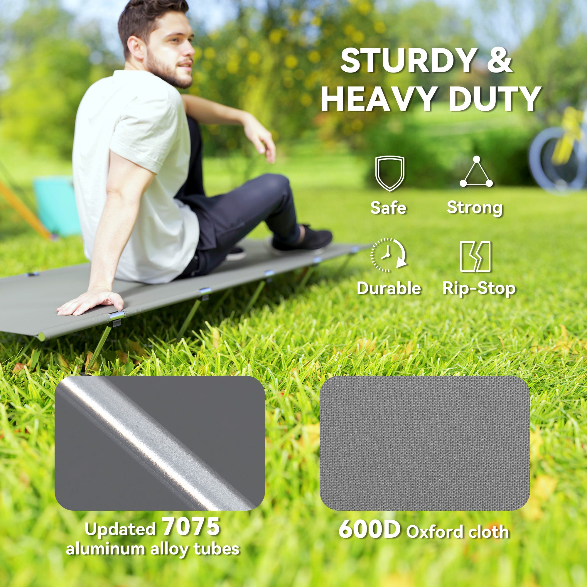 Outsunny Lightweight Camping Bed, Aluminium Portable Camp Cot w/ Strong Support 150kg and Carry Bag for Camping, Dark Grey