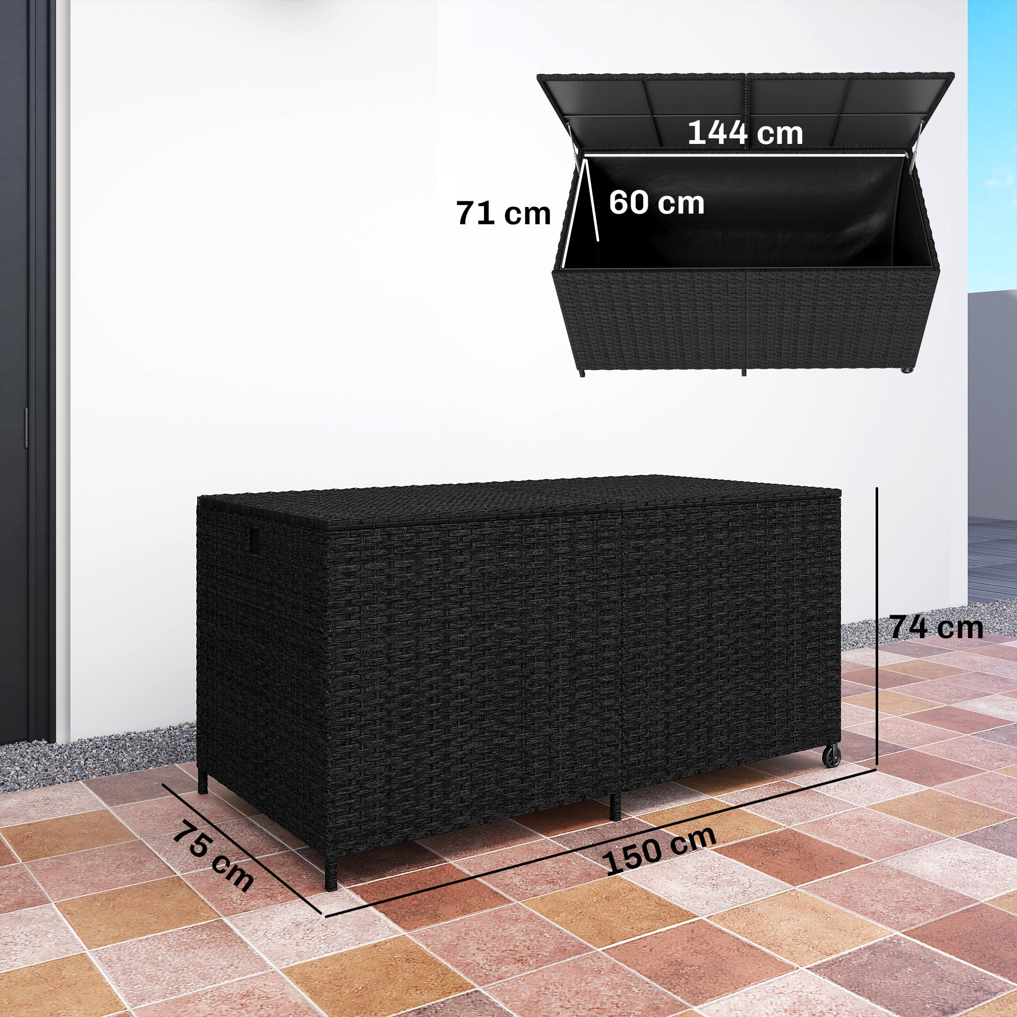 Outsunny 650L Garden Storage Box with 2 Wheels, Rattan Deck Box with Waterproof Zipped Liner, Safe Pneumatic Rods, Black