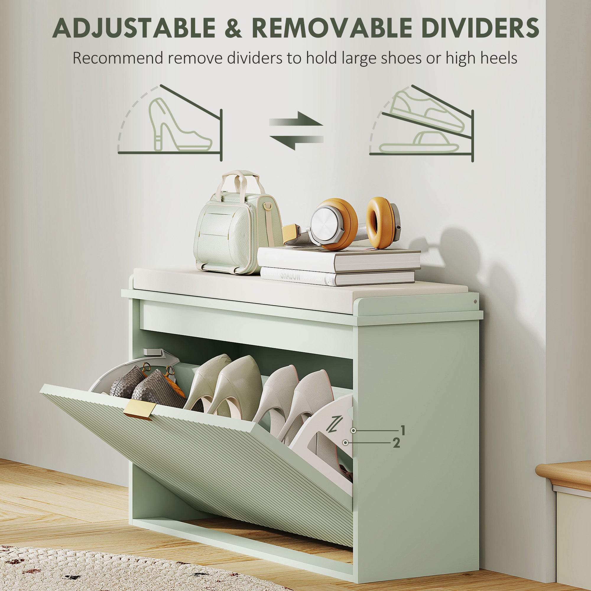 HOMCOM Elegant Eight Shoe Bench, with Top Seat - Green