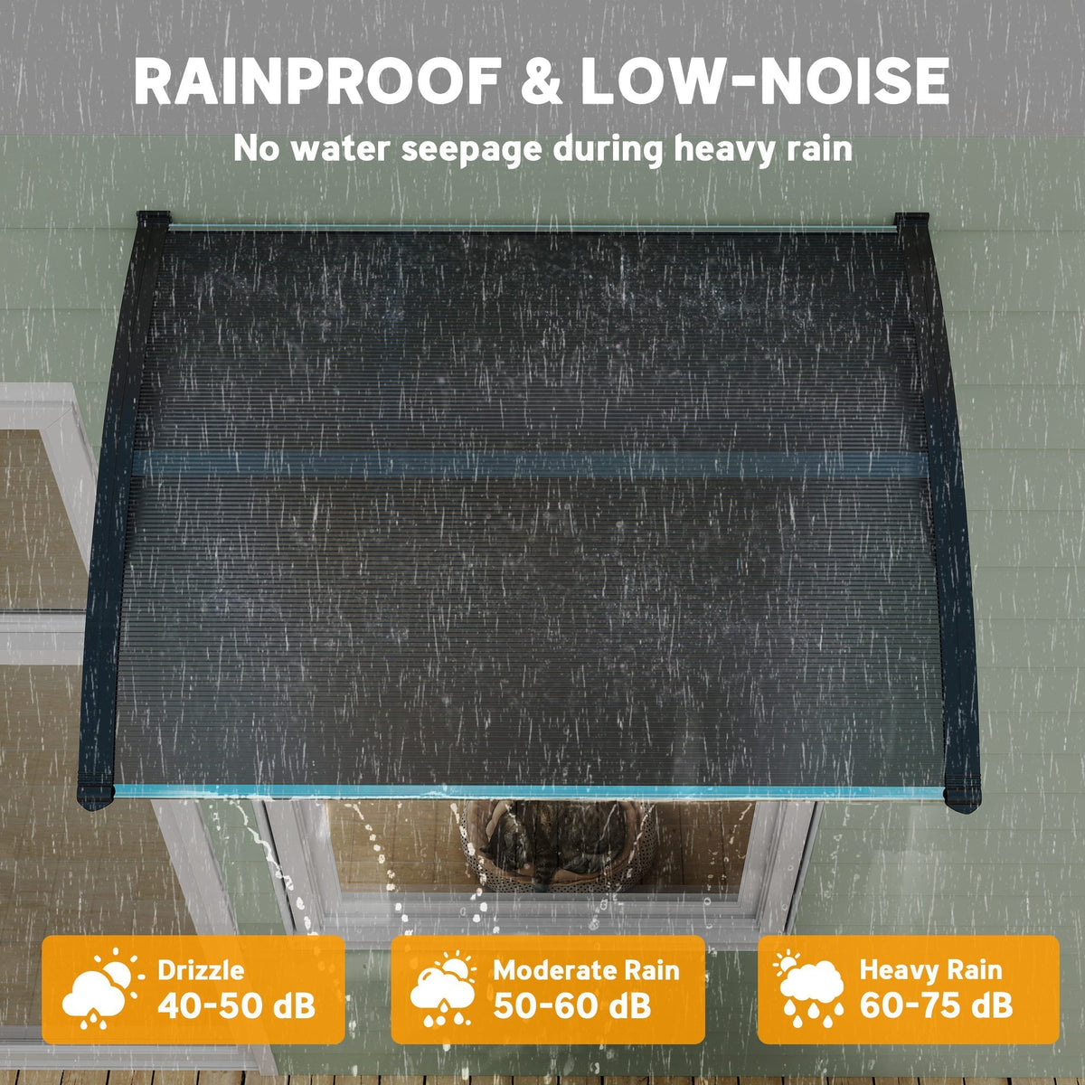 Outsunny Front Door Canopy Outdoor Awning Aluminium Rigid Plastic Polycarbonate Rain Shelter UV Water Rain Resistant 100 x 75cm Black