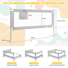 The bed rails shown with technical diagrams and configuration examples for different ages