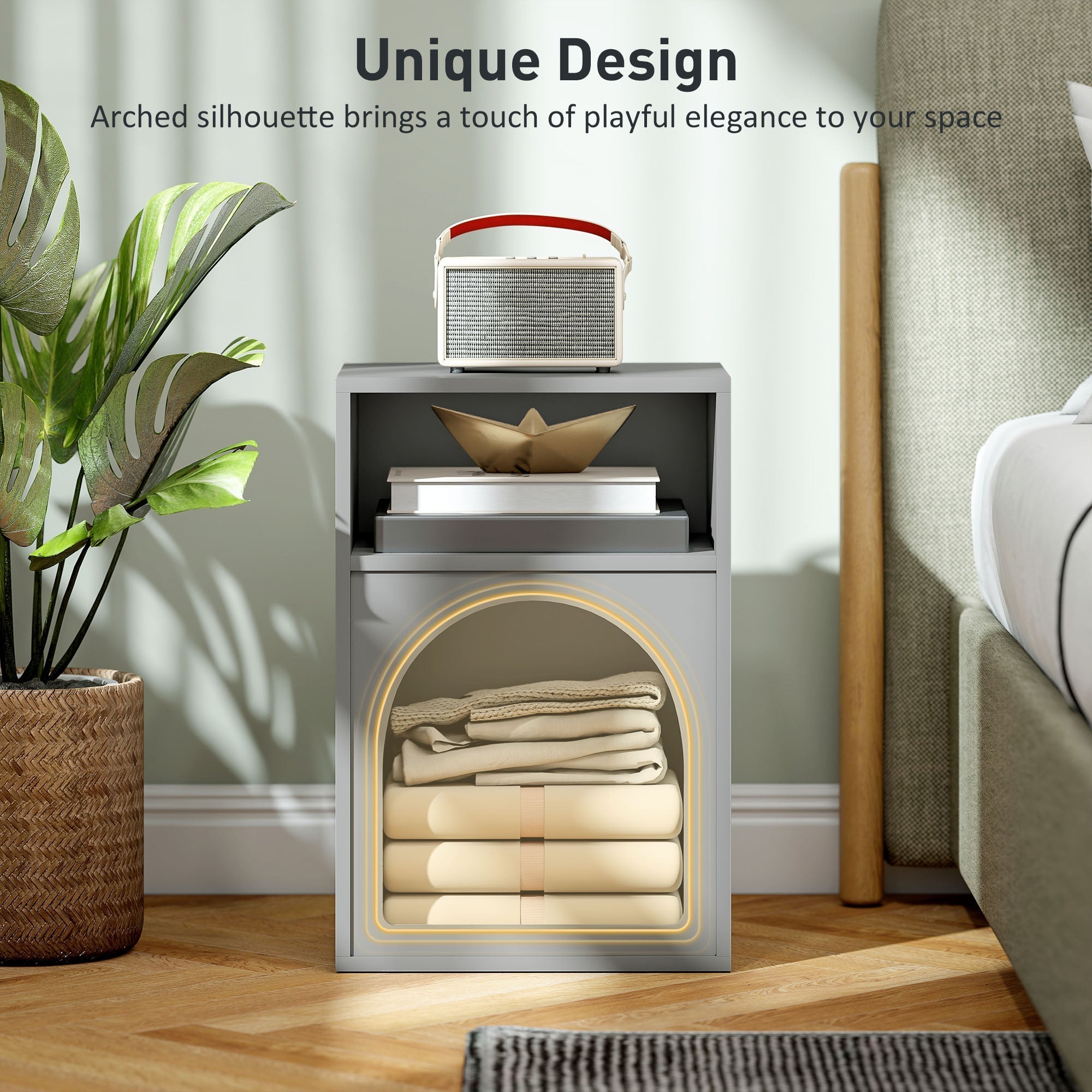 HOMCOM Bedside Table with 2 Open Compartments - Grey