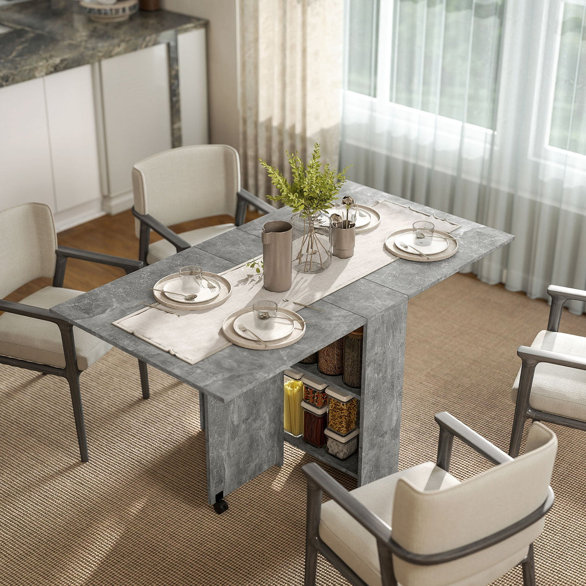 HOMCOM Folding Dining Table, Drop Leaf Table with 2-Tier Shelves, Rolling Casters, for Small Spaces, Kitchen, Cement Grey