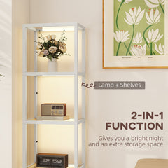 HOMCOM LED Floor Lamp with Glass Shelves, 4 Layers Dimmable Tall Standing Lamp, Modern Column Shelf Floor Light for Living Room, Bedroom, Office, Grey