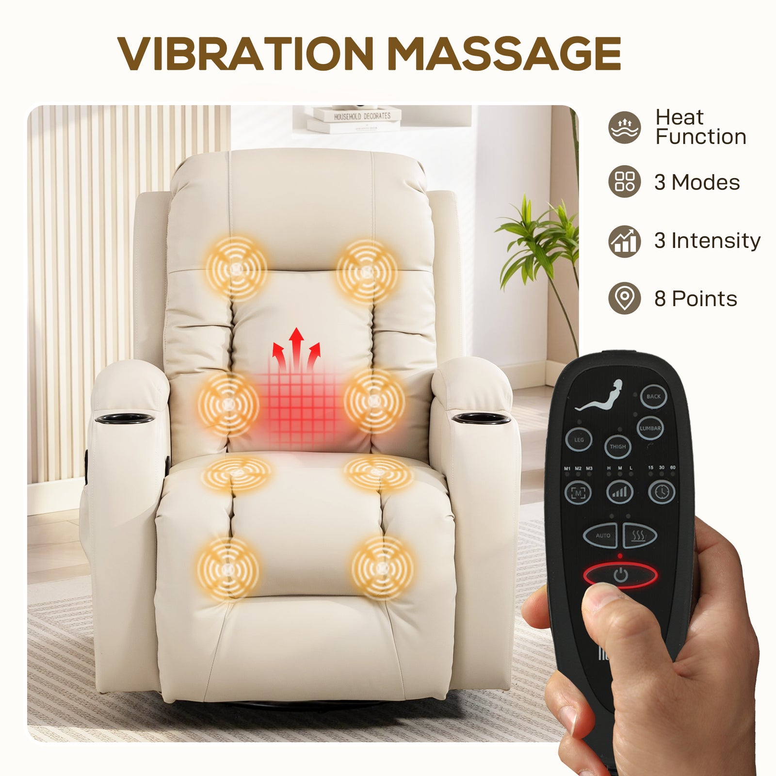HOMCOM PU Leather Recliner Chair, Recliner Armchair with Extended Footrest, Cup Holders and Side Pockets, Cream