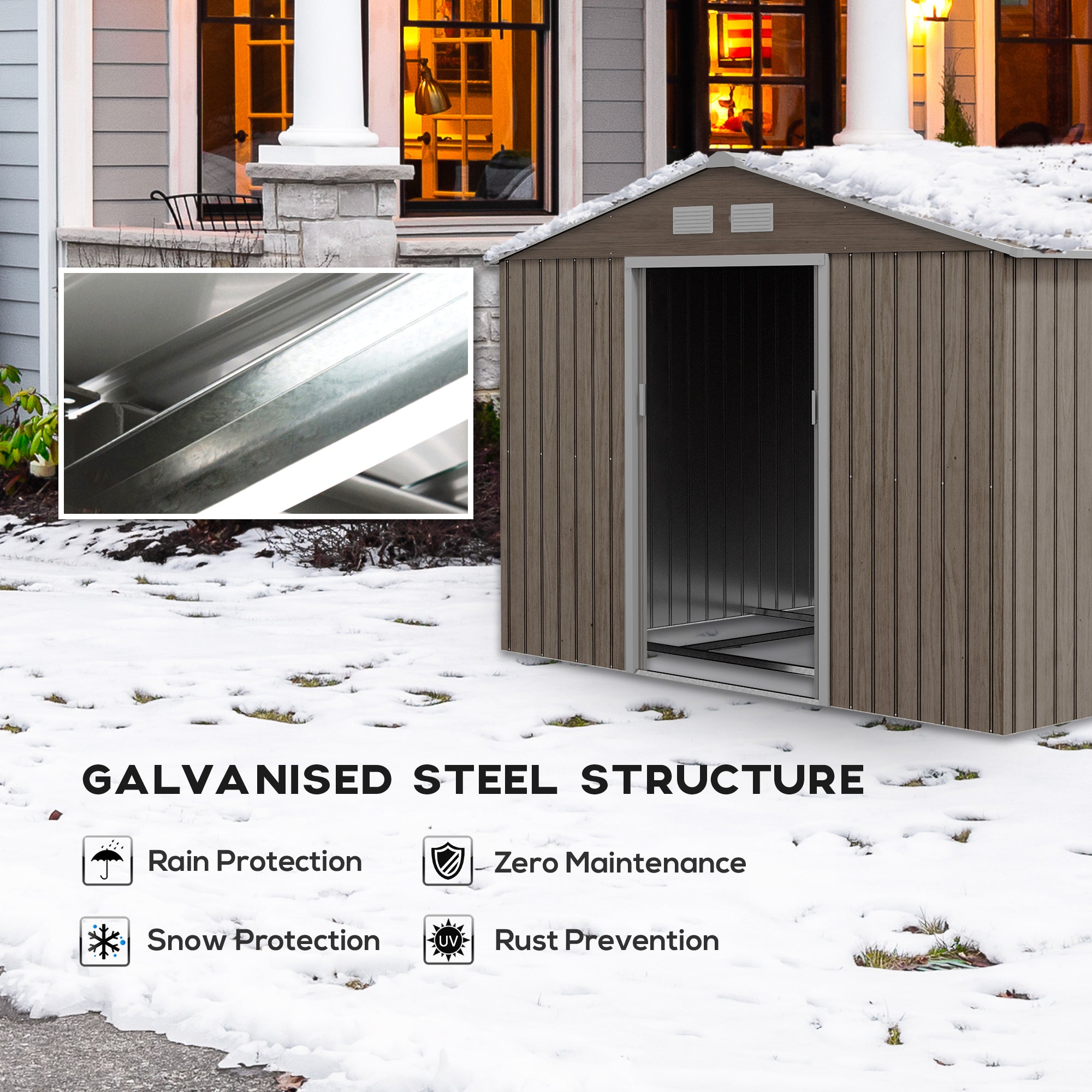 Outsunny 9 x 6ft Steel Garden Shed, Outdoor Storage Tool House with Vents, Foundation and Lockable Double Doors, Brown