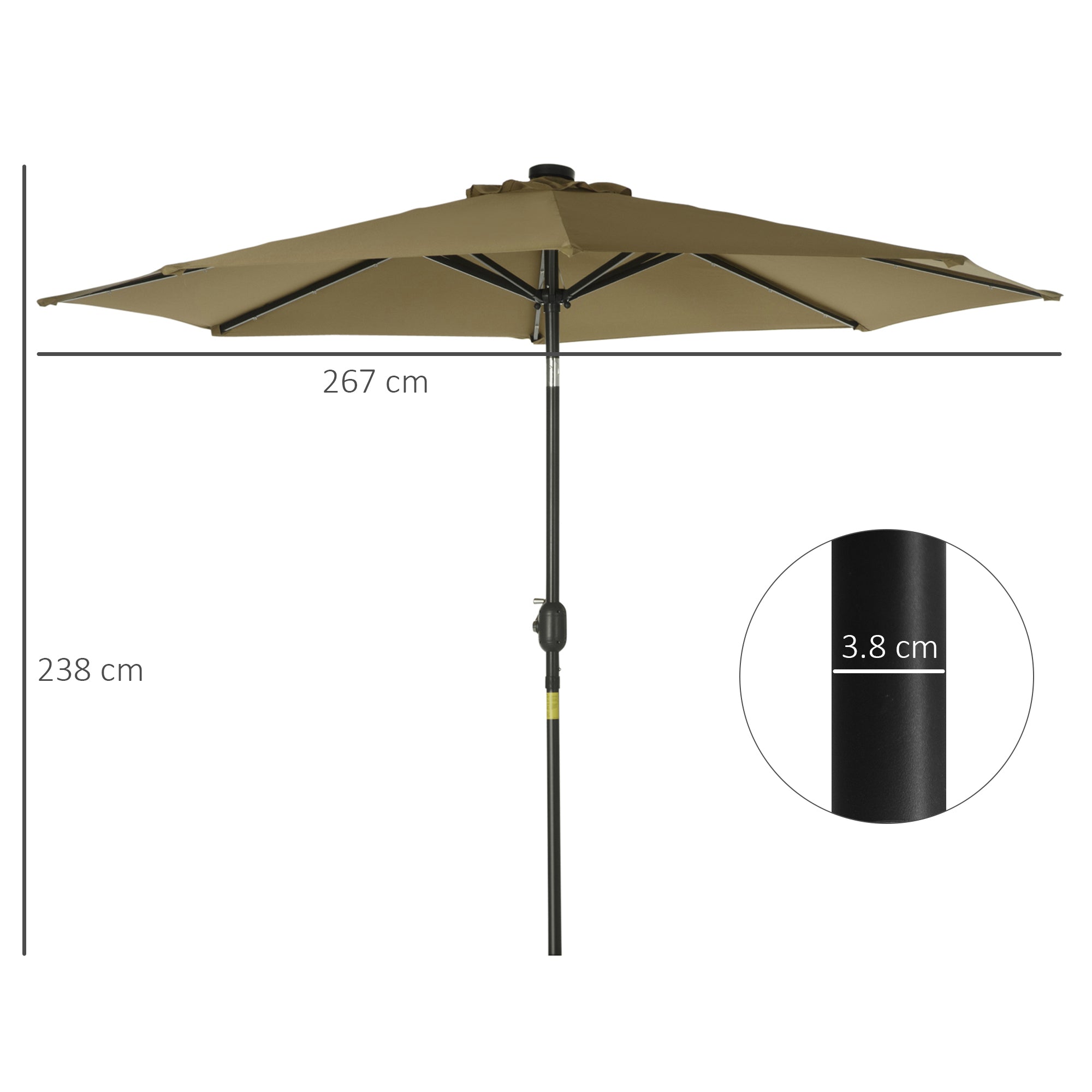 Outsunny 2.7m Patio Garden Umbrella Outdoor Parasol with Tilt Crank and 24 LEDs Lights (Brown)
