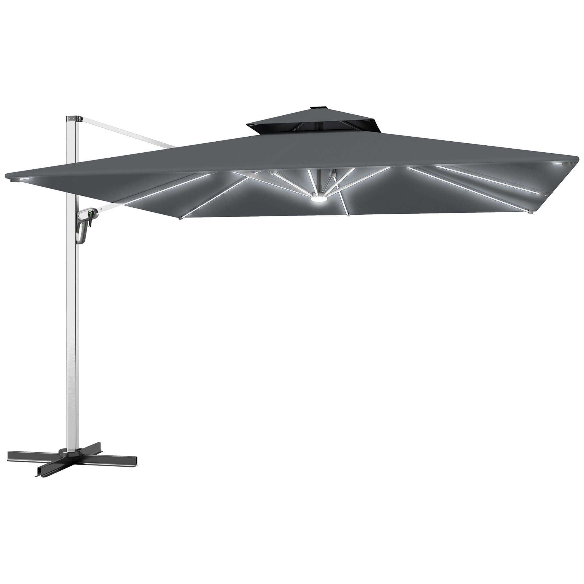 Outsunny 3(m) Garden Cantilever Parasol with Solar LED Lights, Cross Base, 360√Ç¬∞ Rotation, Crank Handle and Tilt, Grey