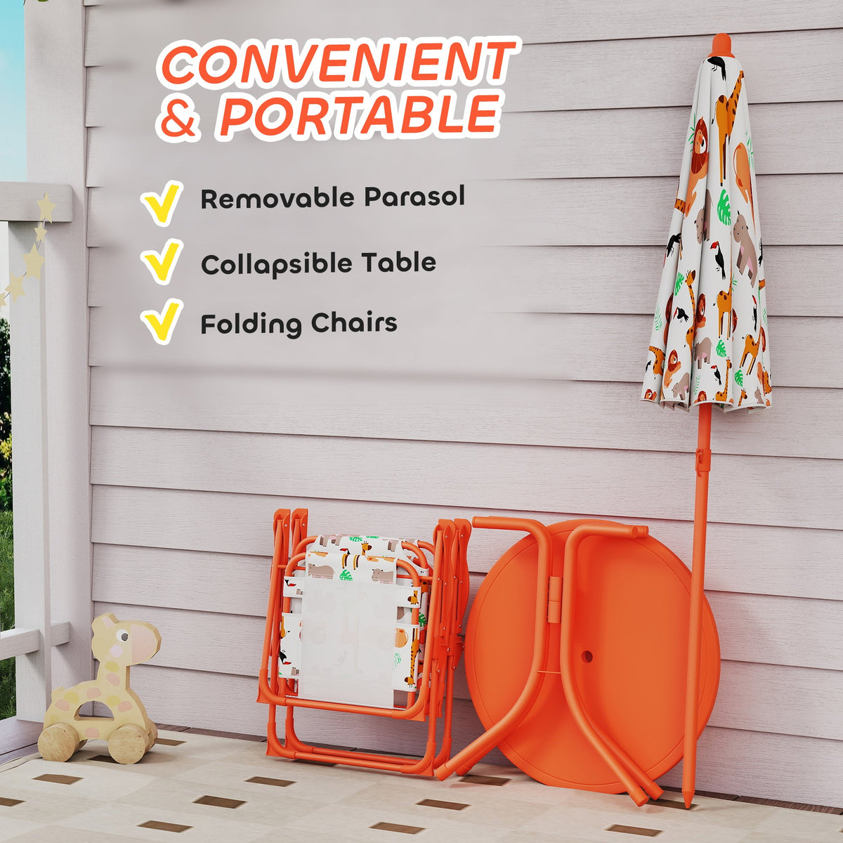 AIYAPLAY Kids Patio Set, Children Table and Chair Set, Outdoor Picnic Table with 2 Folding Chairs and Umbrella, Orange
