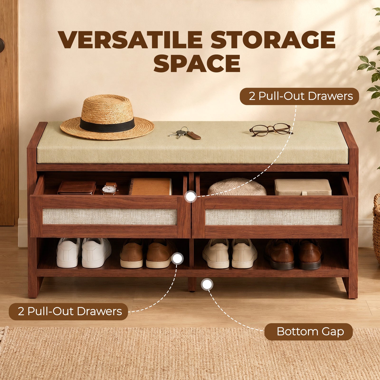 HOMCOM Boho Shoe Bench with 2 Rattan Drawers, Shoe Storage Bench with Cushioned Seat and Open Shelf Brown