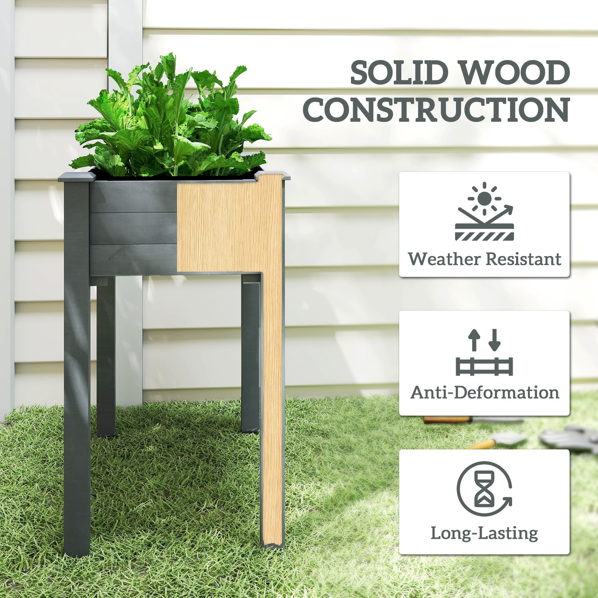 Outsunny Raised Bed for Garden, Wooden Elevated Planter Box with Bed Liner, for Flower Vegetable Herb, Dark Grey